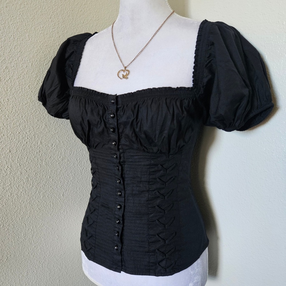 Bebe Black Corset Puff Sleeve Top Lace Up Gothic